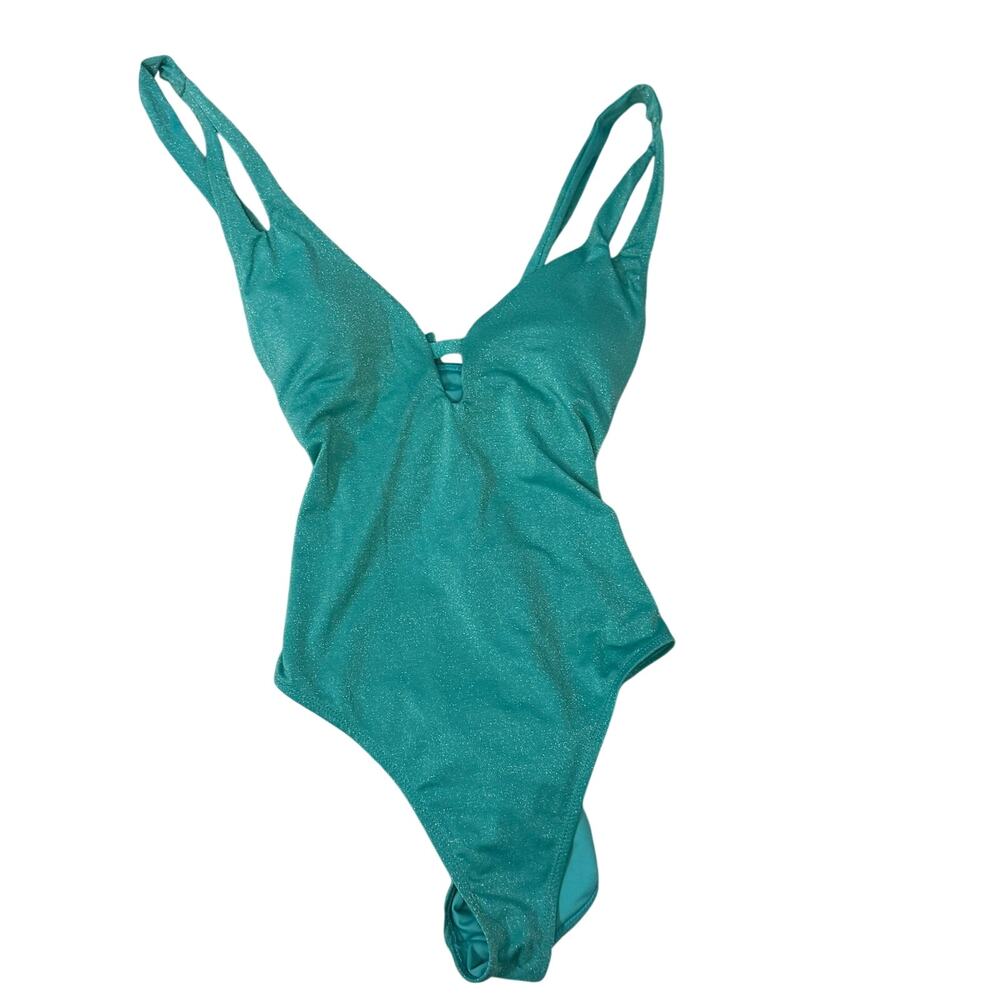 BCBG Paris Sparkly Turquoise Keyhole One Piece Swimsuit Size M NWT